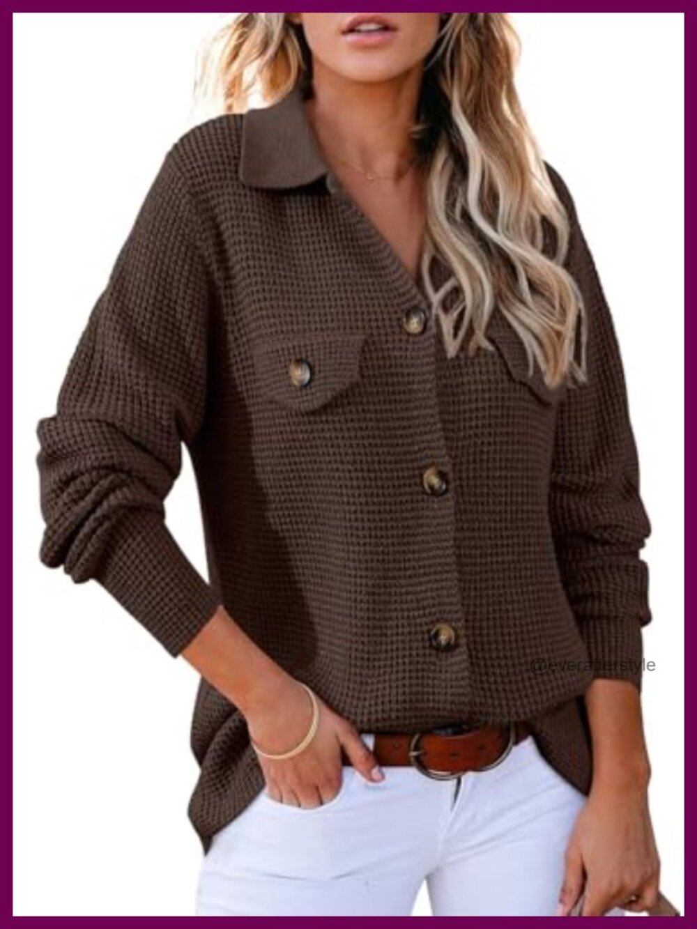 Waffle Knit Chunky Cardigan Shacket Button Down Loose Fit V-Neck